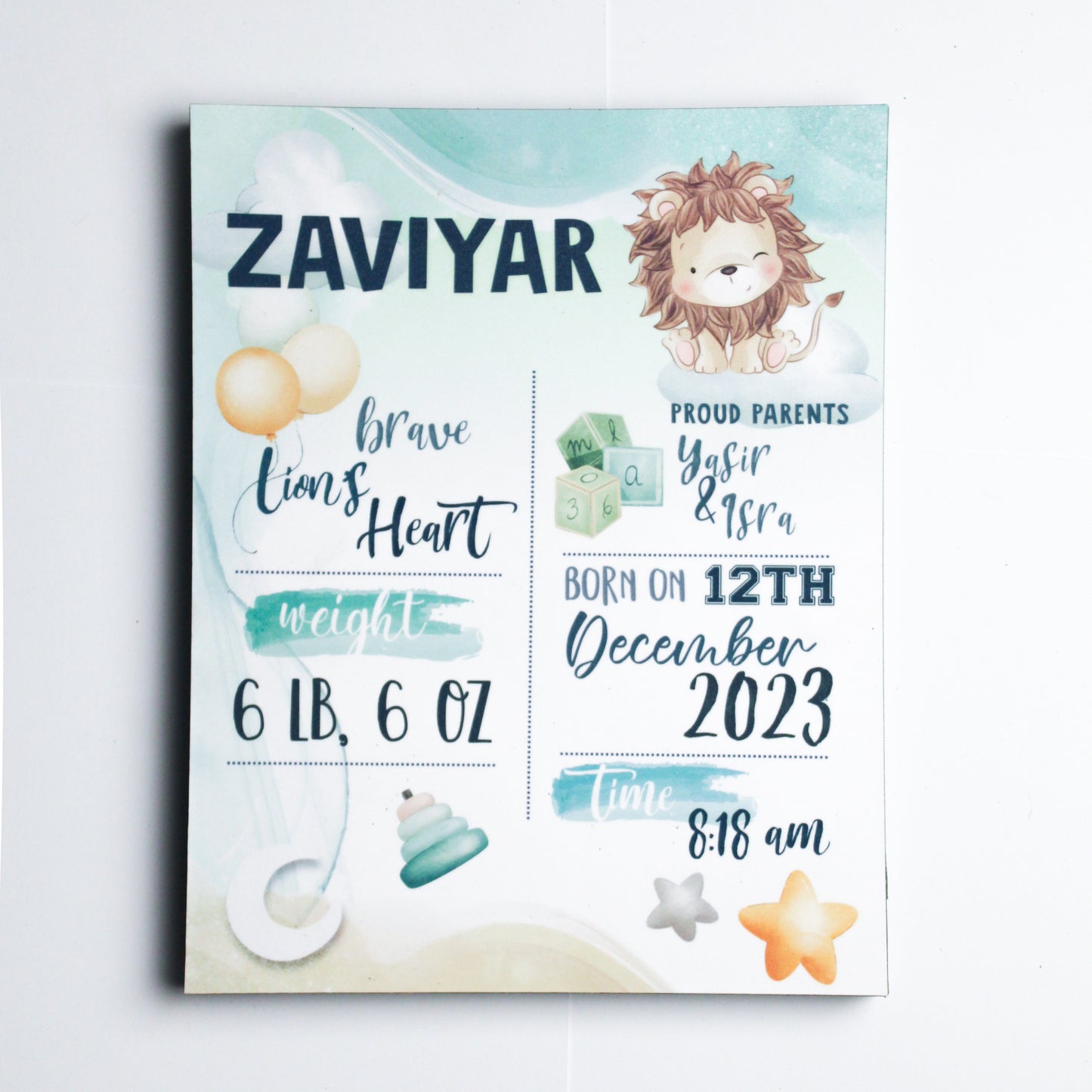 Baby Boy Teal Lion - New Born - Plaque